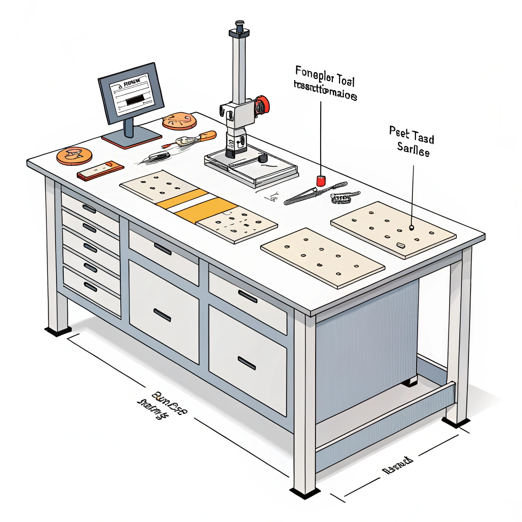Flat illustration showing paddle sample testing station with caliper, scale, peel tester, and play test.