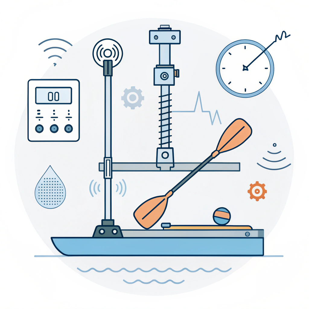 Stylized lab setup showing paddle compression, impact test, and vibration sensors