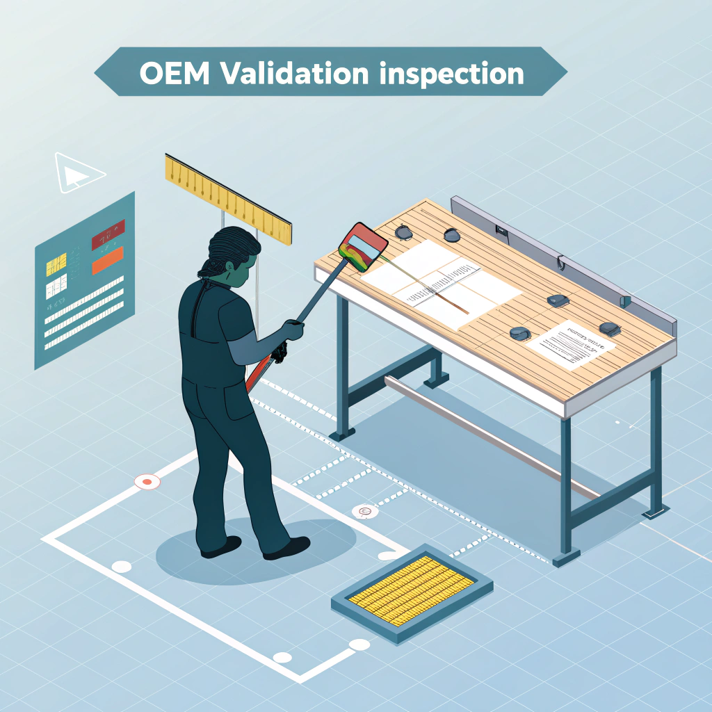 Stylized inspection scene showing paddle measurement, impact testing and sample cross-sections