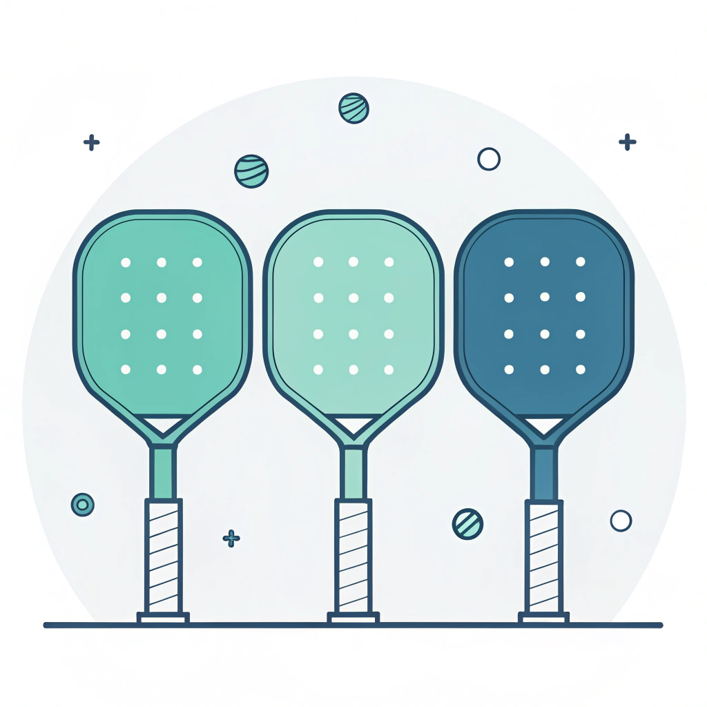 Three flat pickleball paddles on pedestals showing light mid and heavy weight tiers, minimalist style