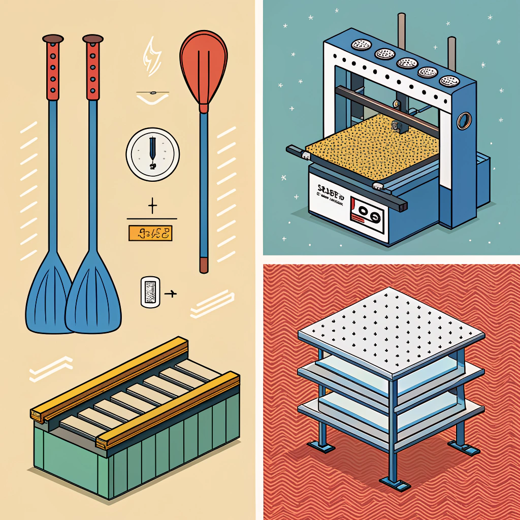 Stylized manufacturing icons depicting hot press, cold press, thermoforming, materials swatches, and quality control