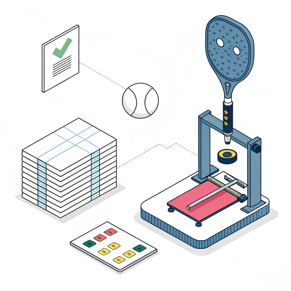 Minimal flat illustration of a paddle on a testing jig, inspector, impact press, accept and reject bins