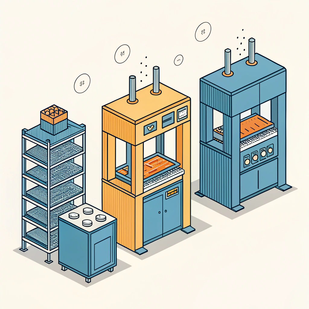 Flat factory scene showing hot press, cold press, and thermoforming machines