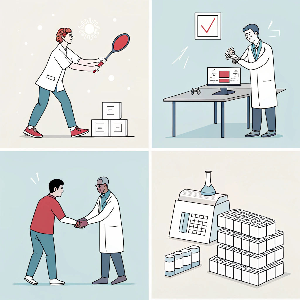 Flat illustration showing prototype handoff, lab impact test, and OEM agreement handshake