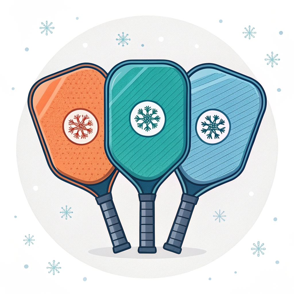 Three flat cutaway pickleball paddles showing thin, medium, thick cores and manufacturing icons