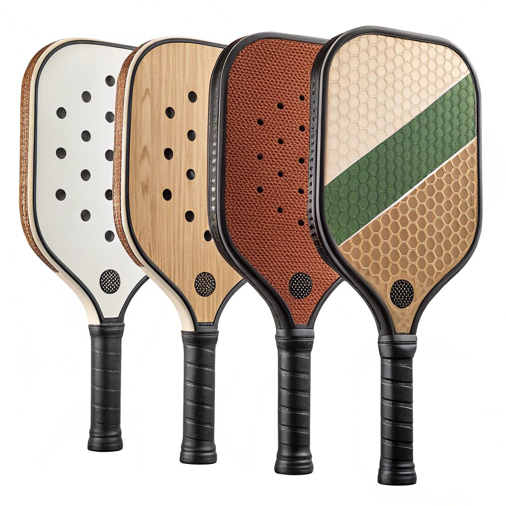 Four minimalist paddles showing wood, polymer, hybrid, and Nomex/aluminum core cutaways.