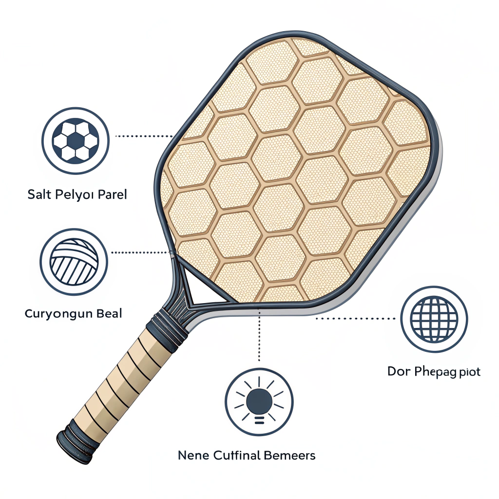 Minimal flat cross-section of a pickleball paddle showing four core material textures and icons