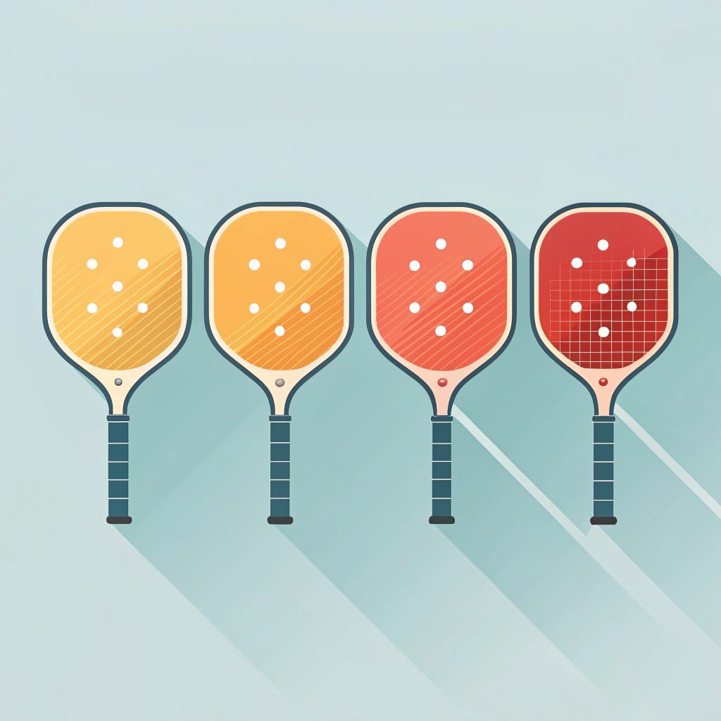 Flat illustration of four pickleball paddle silhouettes with heatmap sweet spots and rotation arrows