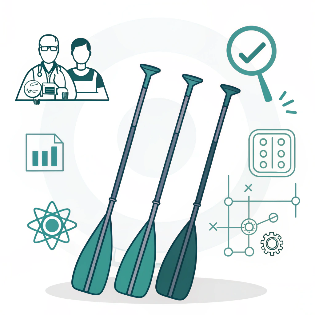 Three-tier paddle lineup with lab, playtest, and QC icons illustrating validation and production.
