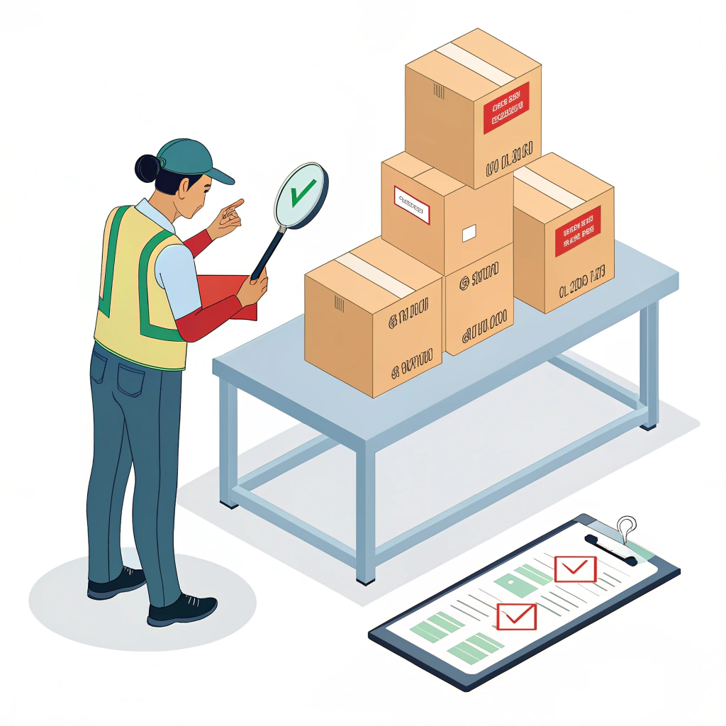 Inspector picking random samples into accept and reject bins beside sealed lots