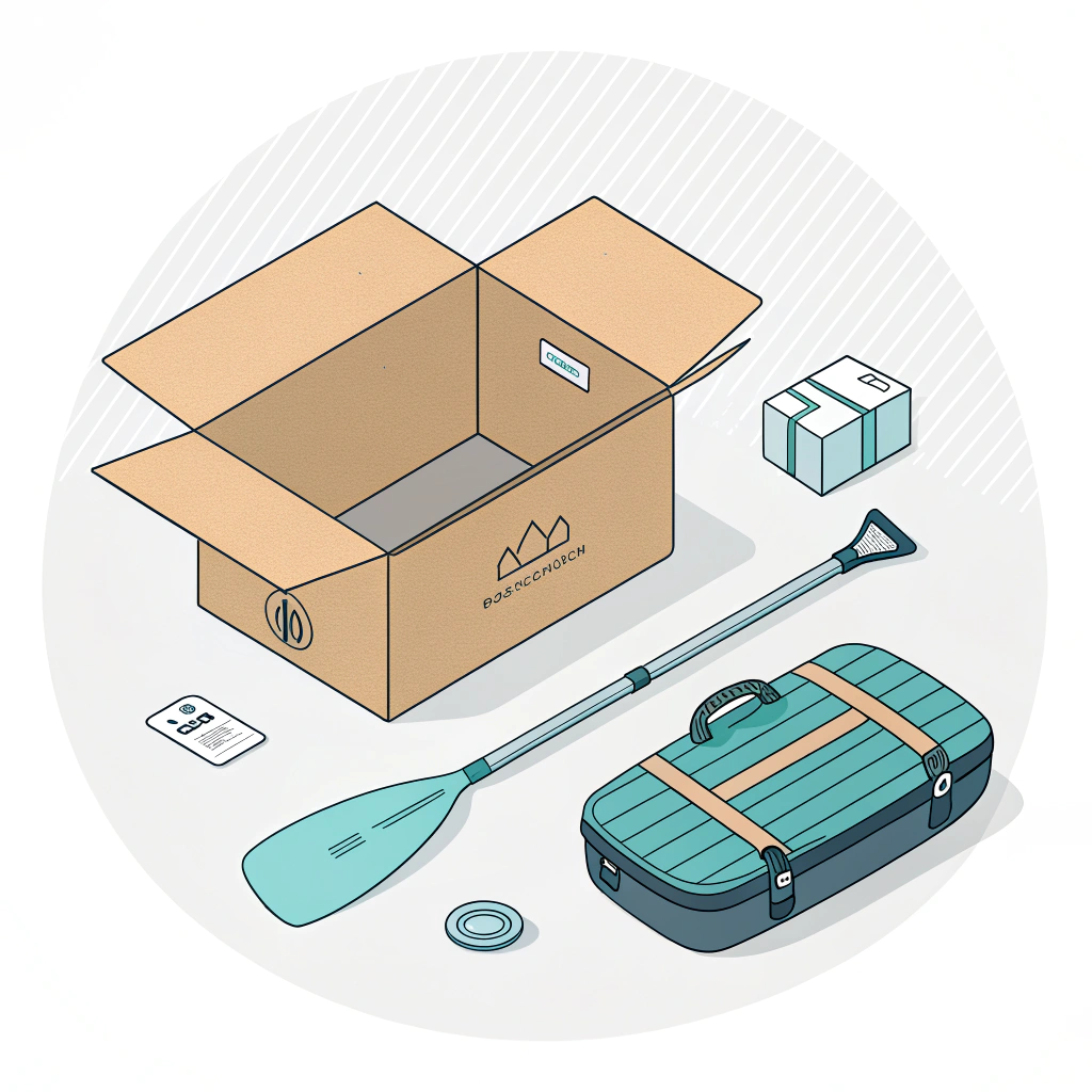 Minimalist illustration of paddle packed in box with foam edge protection and sleeve