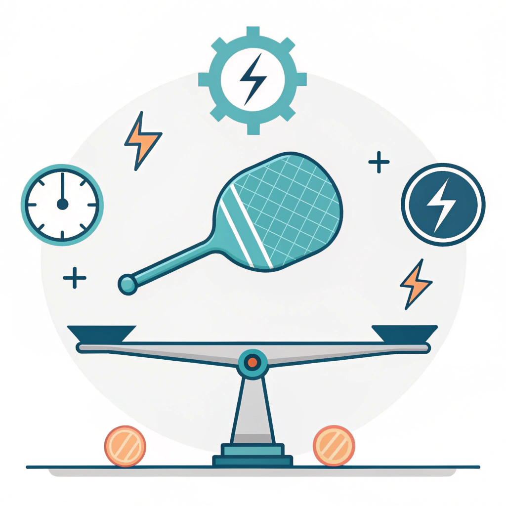 Minimal paddle on balance scale with three icons for priorities