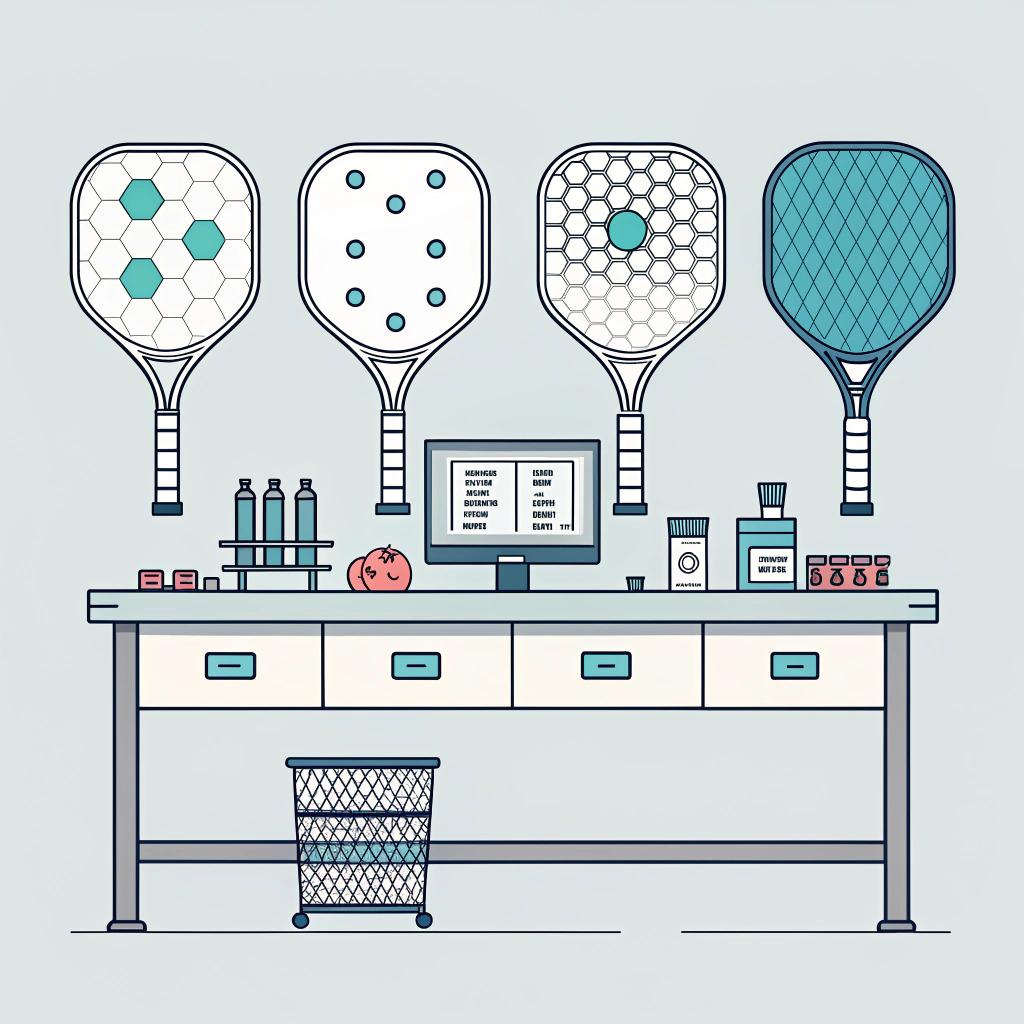 Minimal flat illustration of three paddles, balance scale, honeycomb core, press and gauge icons