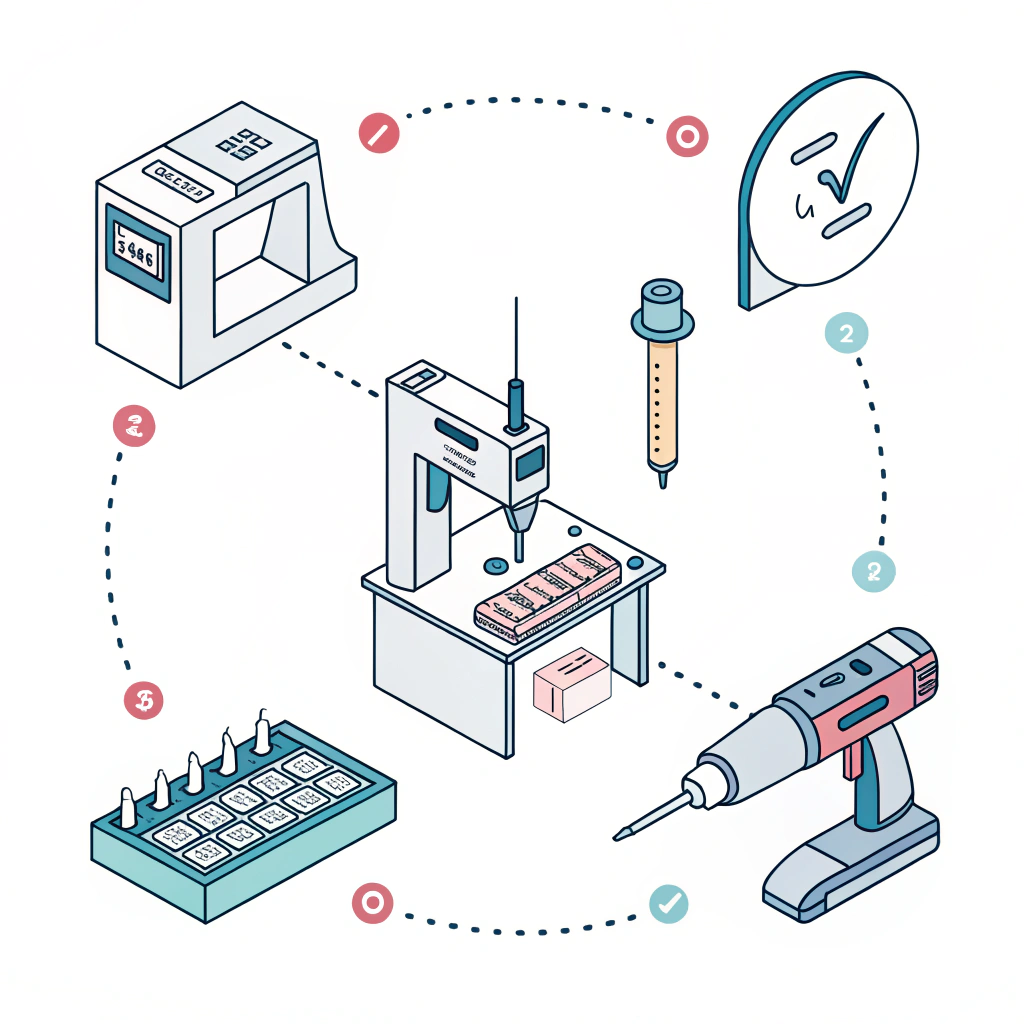 Simplified factory line showing adhesive application, molding, and QA testing stations