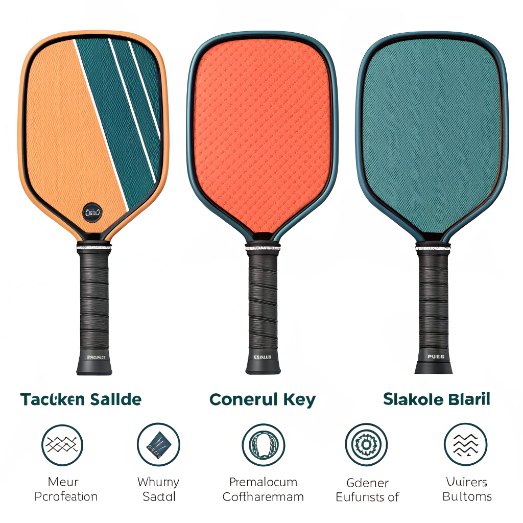 Minimalist icons comparing rubber, PU and overgrip paddle handles with texture and performance symbols