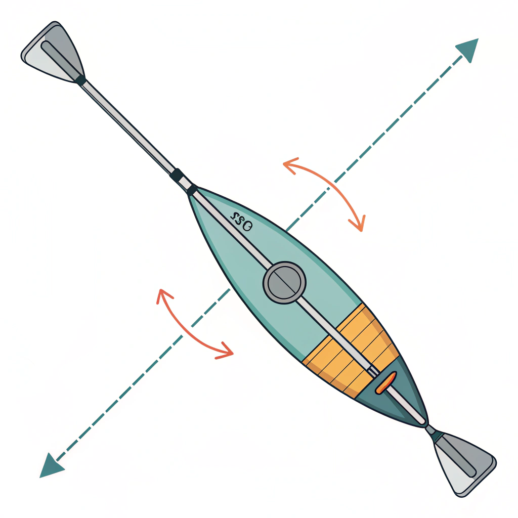 Flat schematic of a paddle showing balance point positions and curved arrows for swing-weight.