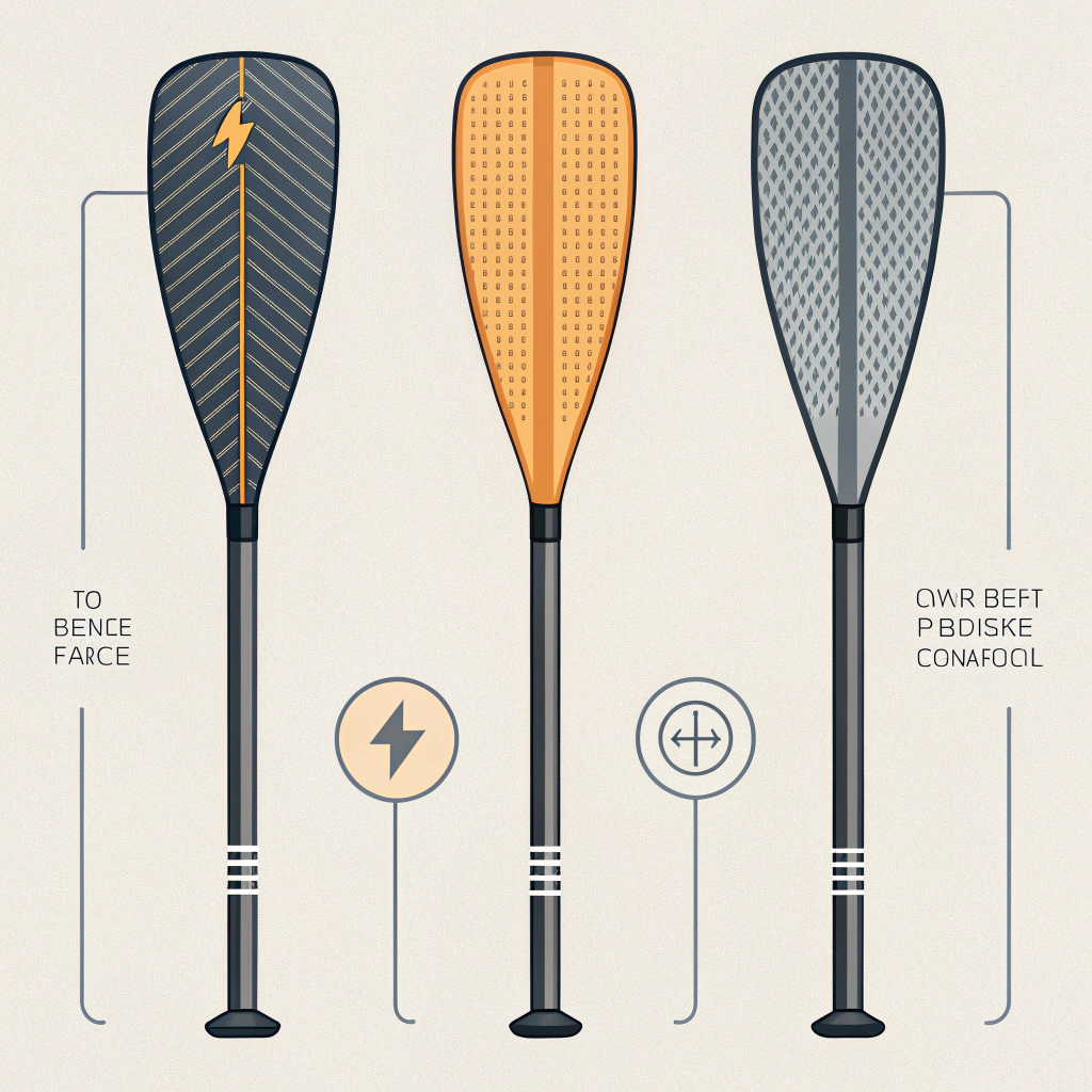 Minimal flat illustration comparing carbon, fiberglass, and composite paddle faces