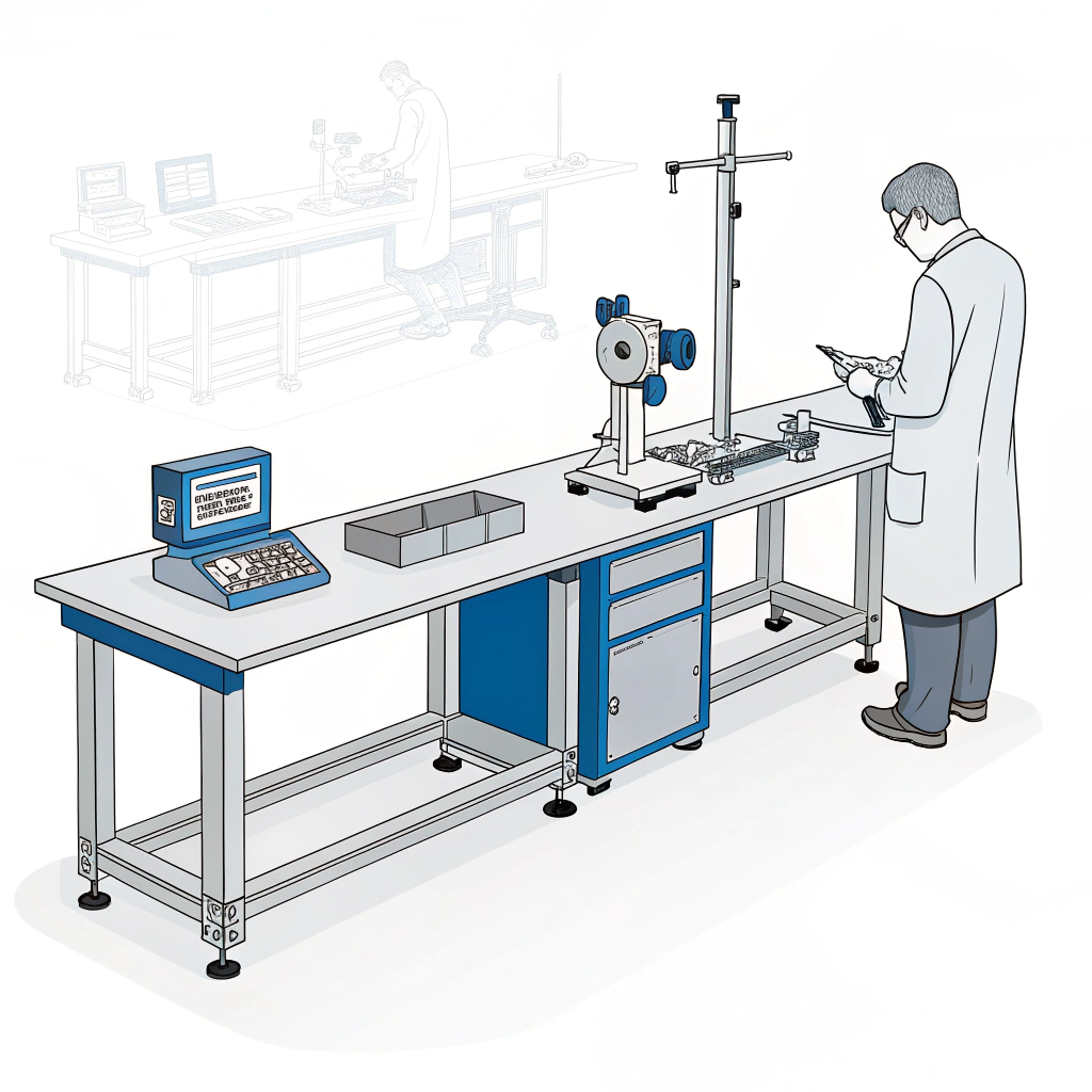 Flat lab scene with scale, balance jig, and swing-test bench for paddle QA