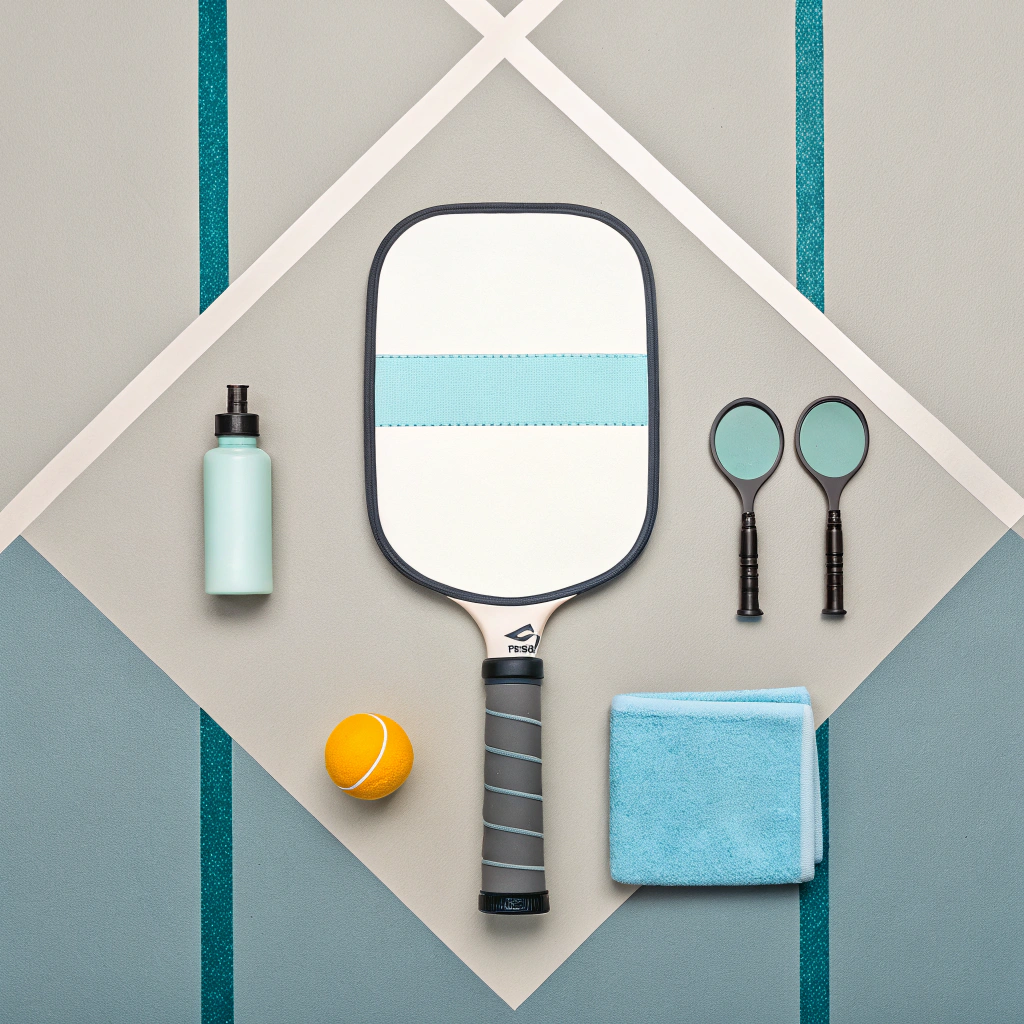 Flat top-down view of a paddle surrounded by cleaning kit and replacement grip tools