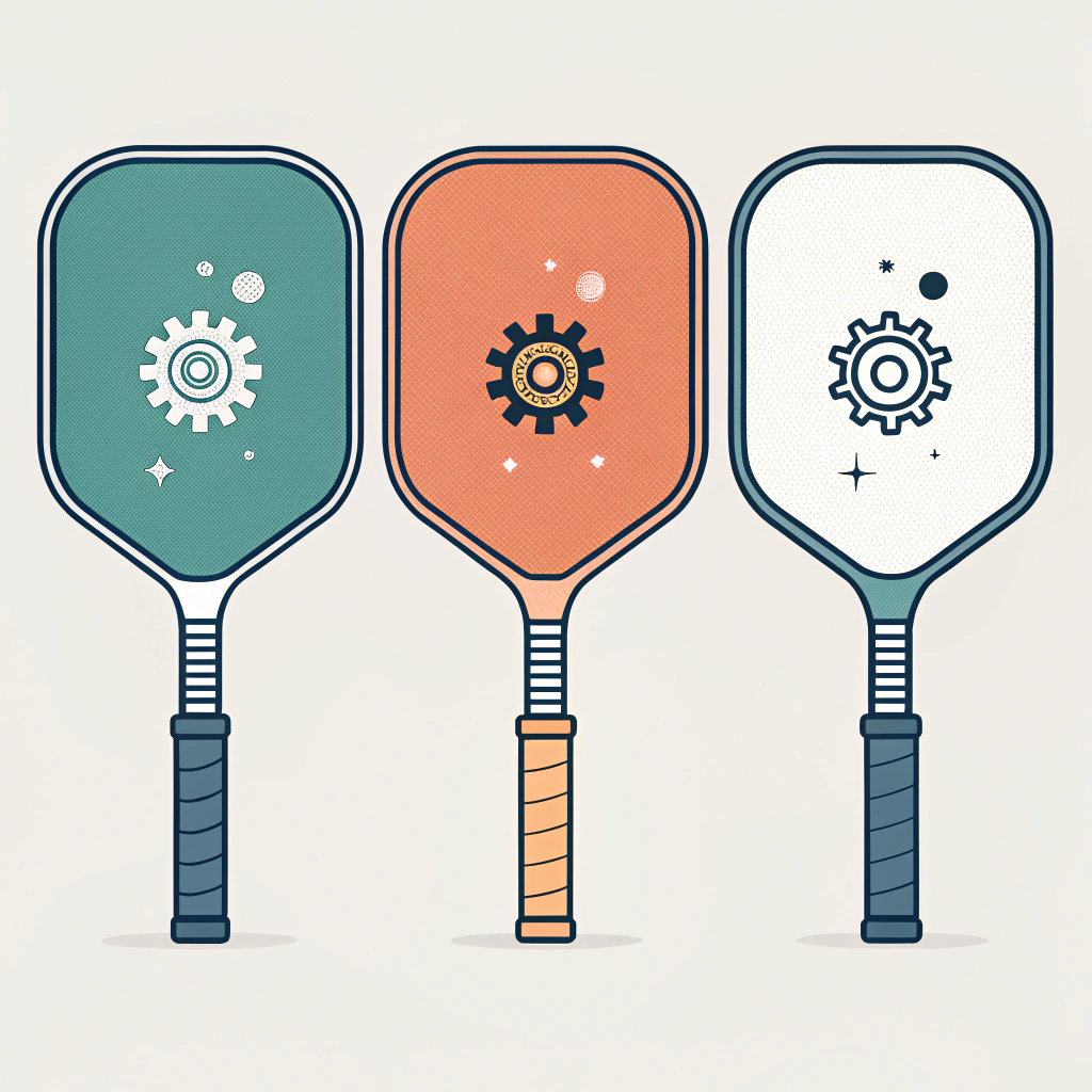 Minimalist flat illustration of three pickleball paddles with measurement, balance and manufacturing icons
