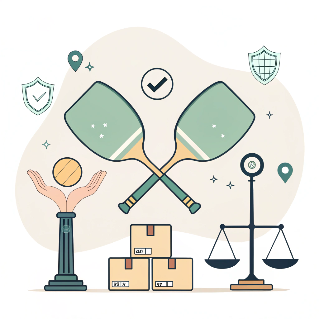 Flat minimalist scene of handshake over paddles, boxes, balance scale, magnifier and QC shield
