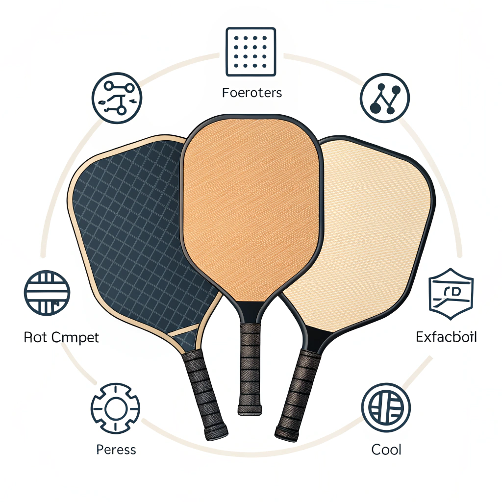 Flat illustration of three stylized paddles showing carbon, fiberglass, and hybrid faces