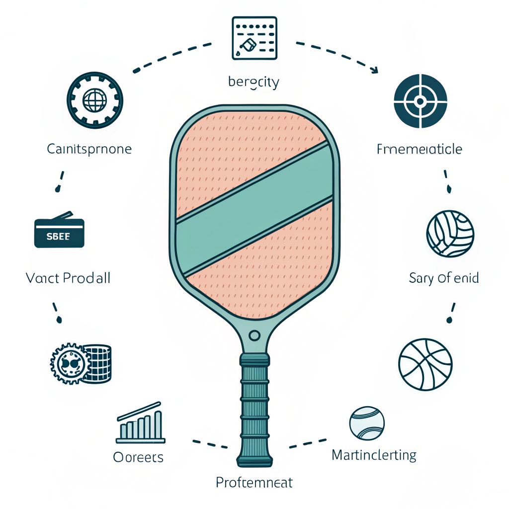 Minimal cutaway of a pickleball paddle handle showing cushion layers with factory assembly and quality control icons