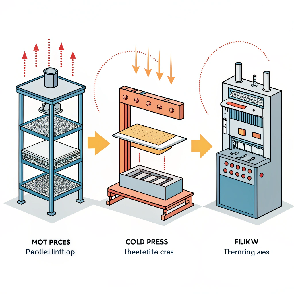 Three-panel flat illustration of hot pressing, cold pressing, and thermoforming processes