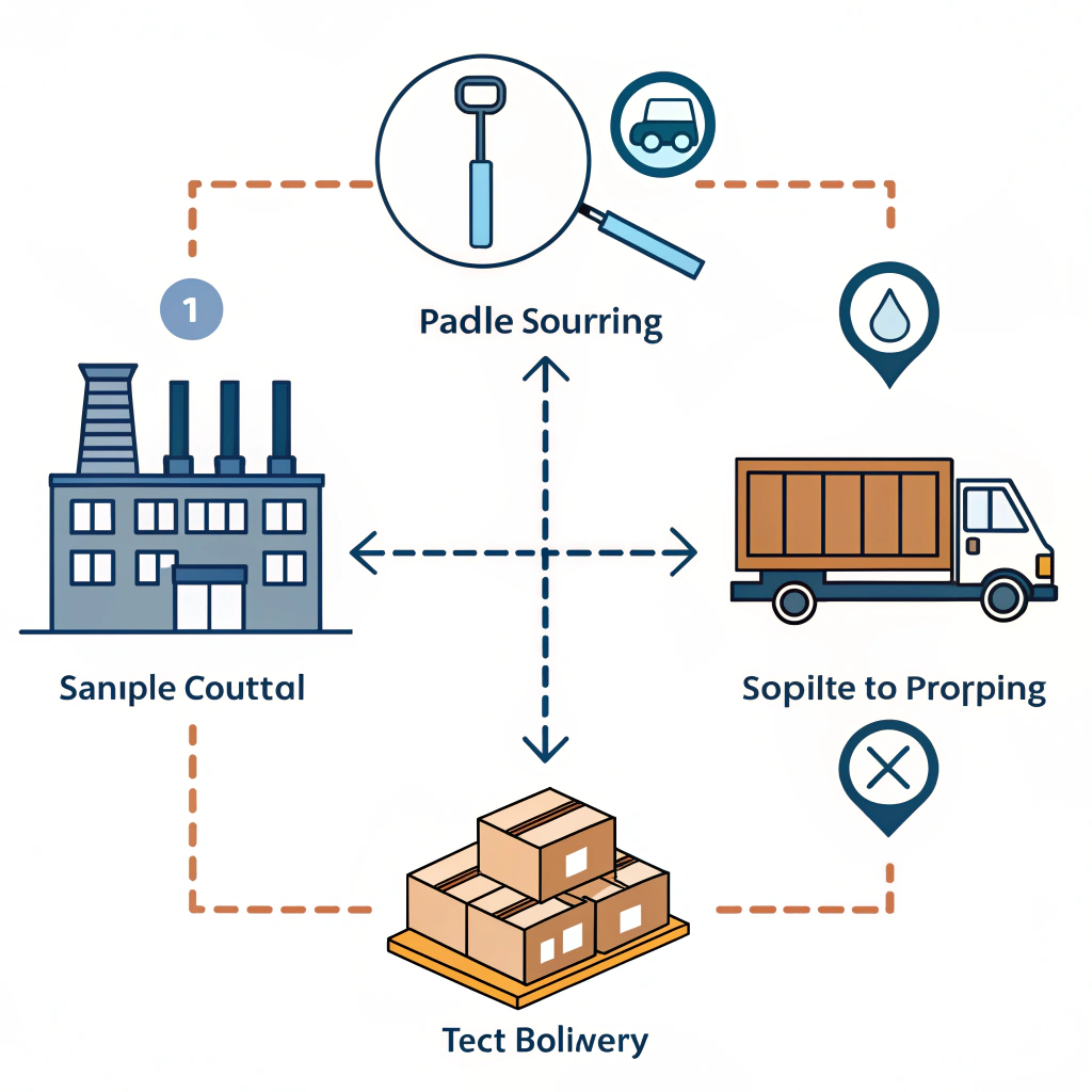 Clean icons showing factory, testing, packaging, delivery, and supplier handshake