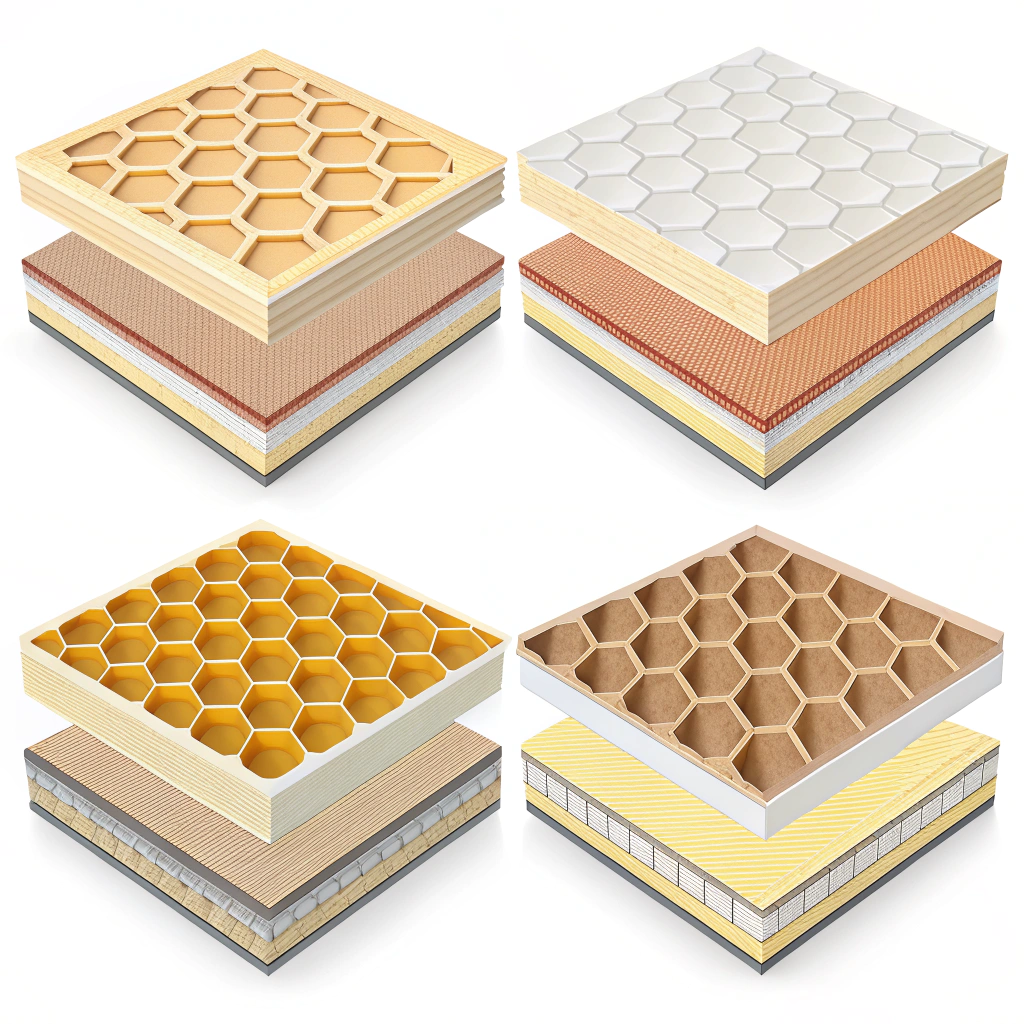 Four simplified paddle cross-sections showing polymer, Nomex, aluminum, and bamboo cores