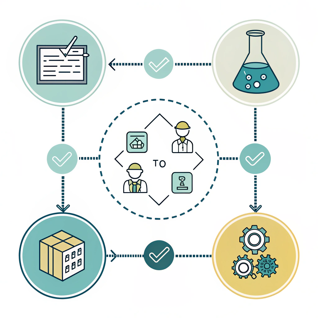 Five-step visual sequence of samples, lab tests, playtesting, tooling, and negotiation