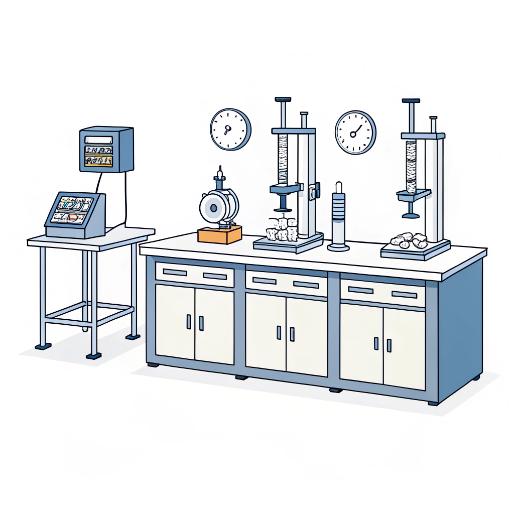 Minimal lab illustration showing caliper, tribometer, compression, balance, and sweat test