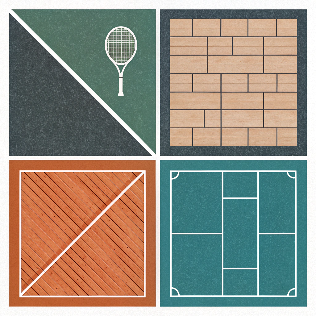 Minimal flat illustration of paddles over four court surface swatches with layer icons