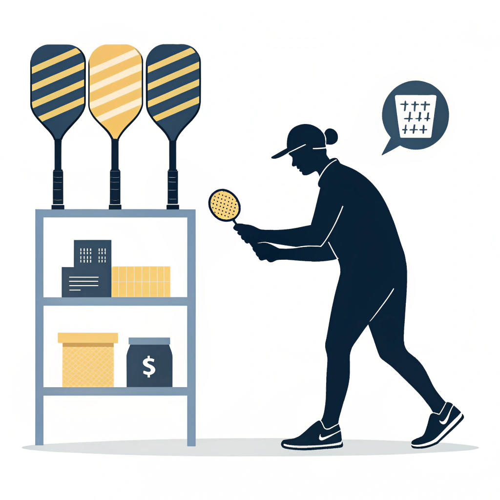 Buyer selecting a highlighted mid-range pickleball paddle from three-tier retail shelf
