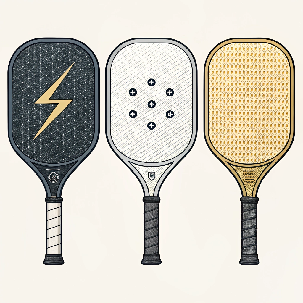 Modern Paddle Styles Three modern pickleball paddles with bold, minimalistic designs