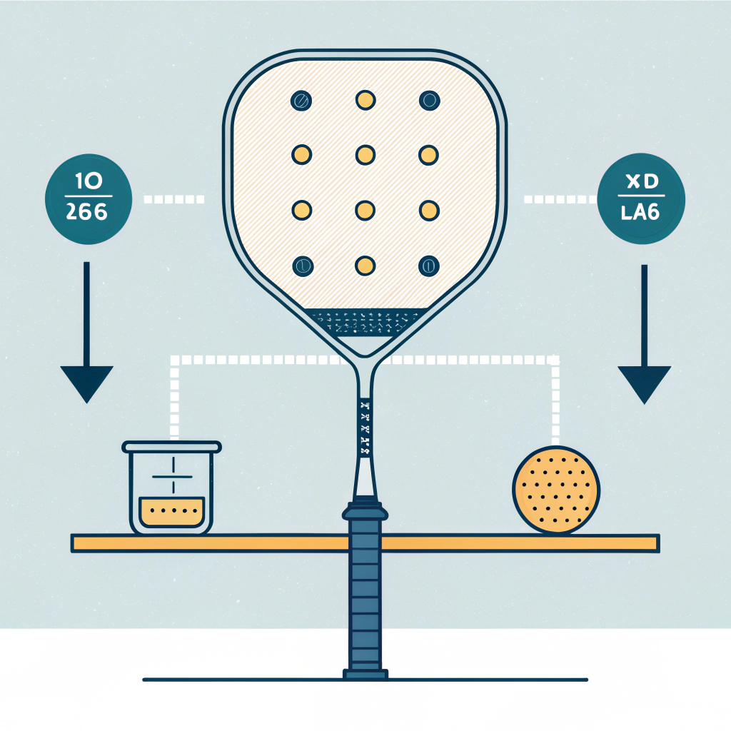 Flat illustration of a pickleball paddle on a balance beam showing weight distribution and MOI cues