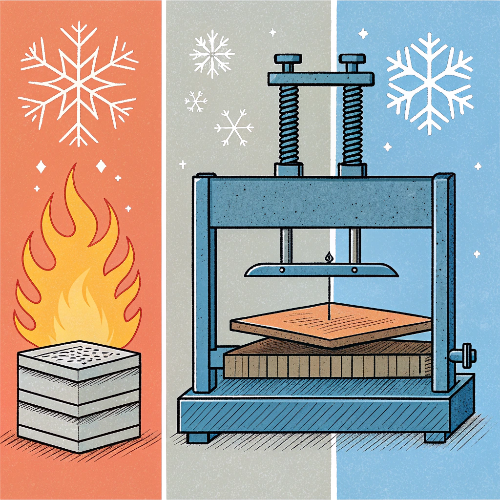 Three-panel flat illustration showing hot press, cold press, and thermoforming paddle processes