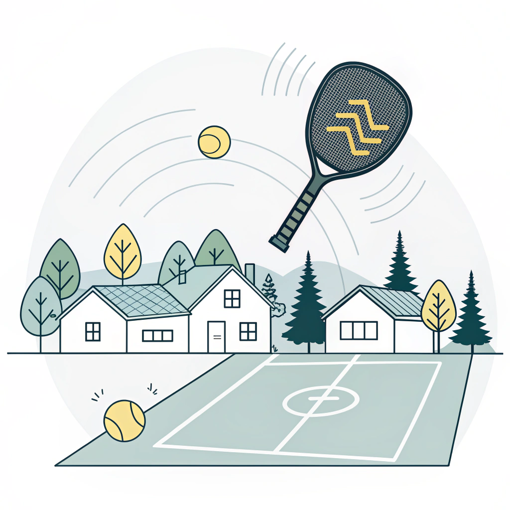 Facility manager balancing paddle choices against neighborhood noise with stylized court and houses