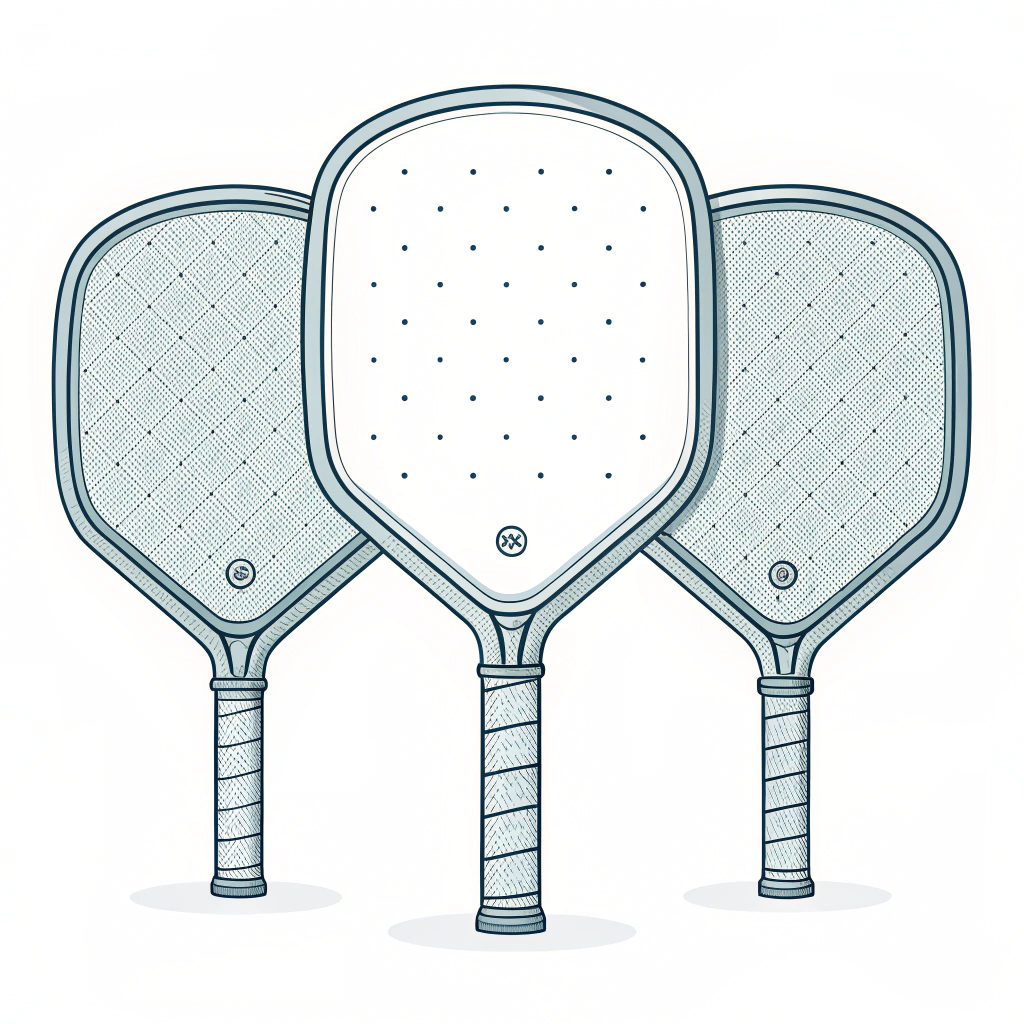 Minimal flat illustration of three staggered pickleball paddles showing balance points and swing weight arrows