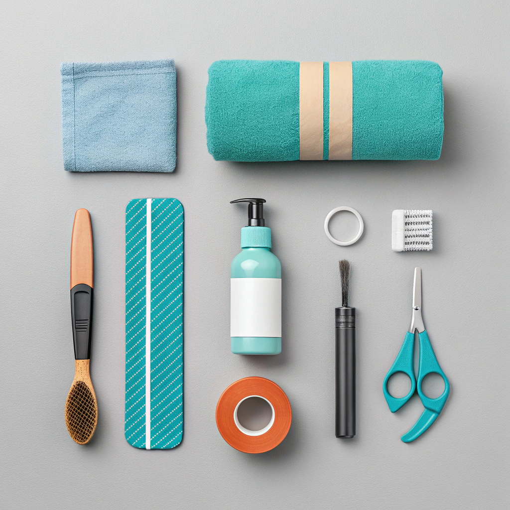 Minimalist flat-lay of paddle cleaning kit and tools on neutral background