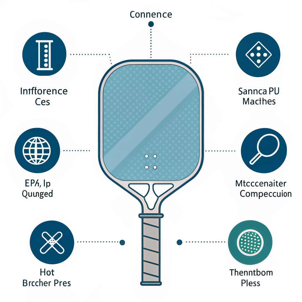 Minimal flat illustration of paddle handle cutaway, measurement tools, and testing icons
