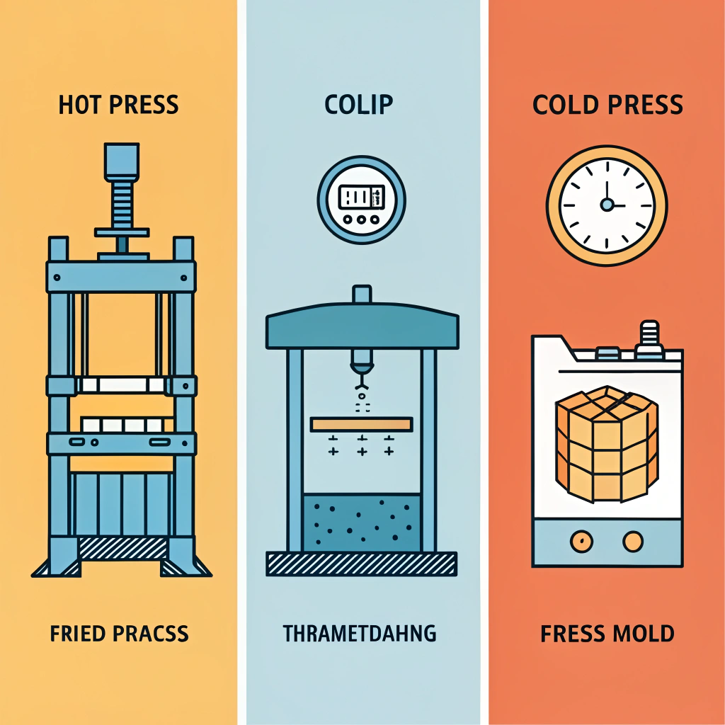 Three-panel flat illustration of hot press, cold press, and thermoforming processes.