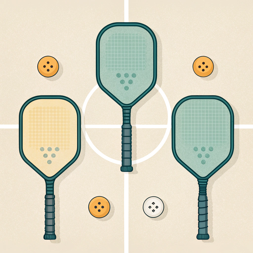 Four minimalist pickleball paddle silhouettes showing distinct shapes with glowing sweet spots and measurement markers