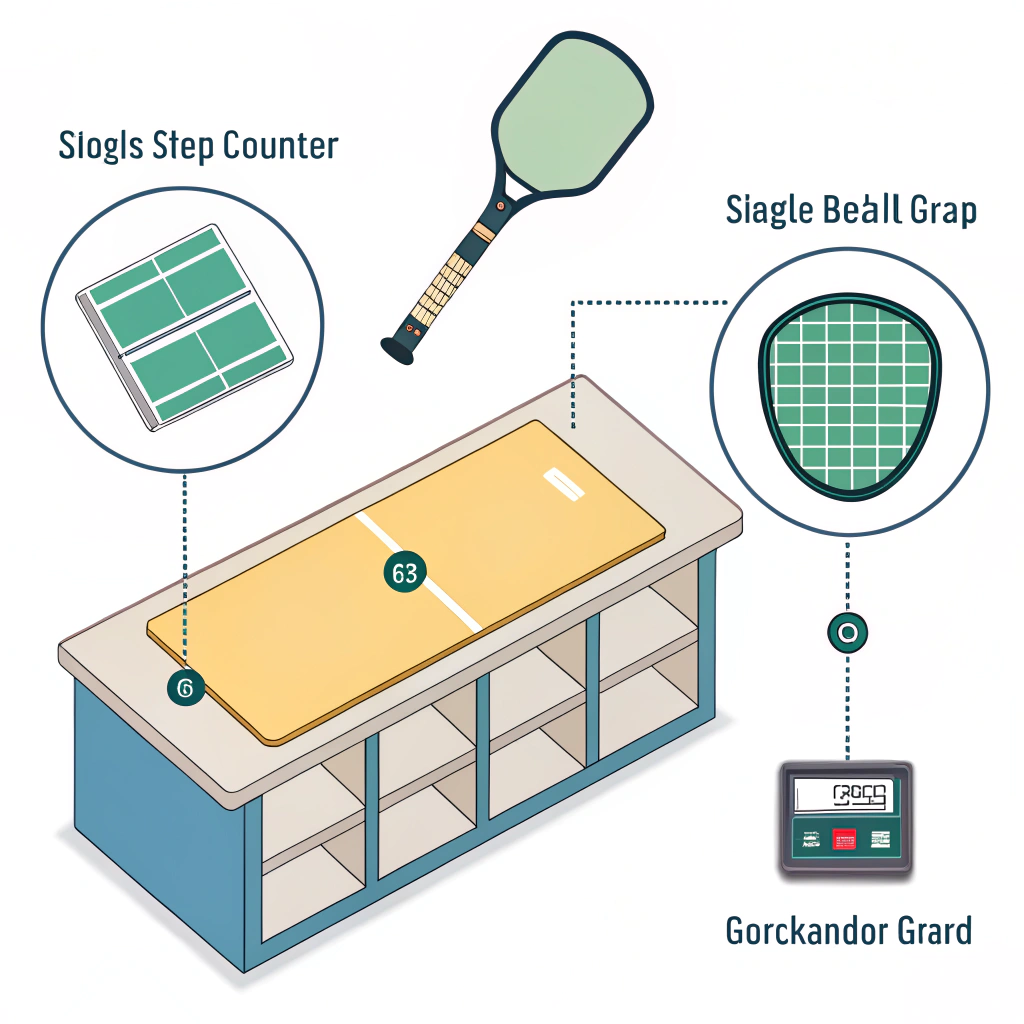 Top down flat illustration of a pro shop counter with paddle, scale, grip replacement