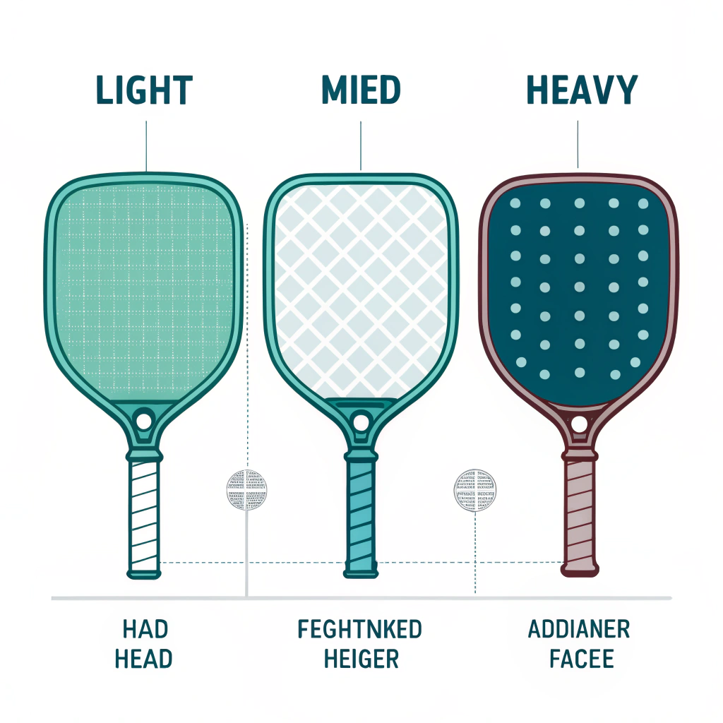 Minimal flat illustration of three paddles representing light, mid, and heavy player archetypes.