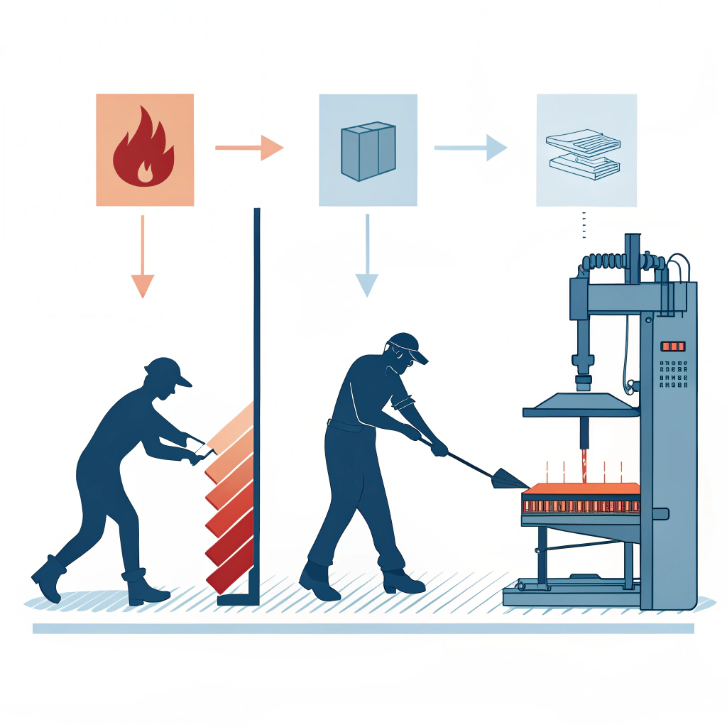 Three flat scenes depicting hot pressing, cold pressing, and thermoforming processes