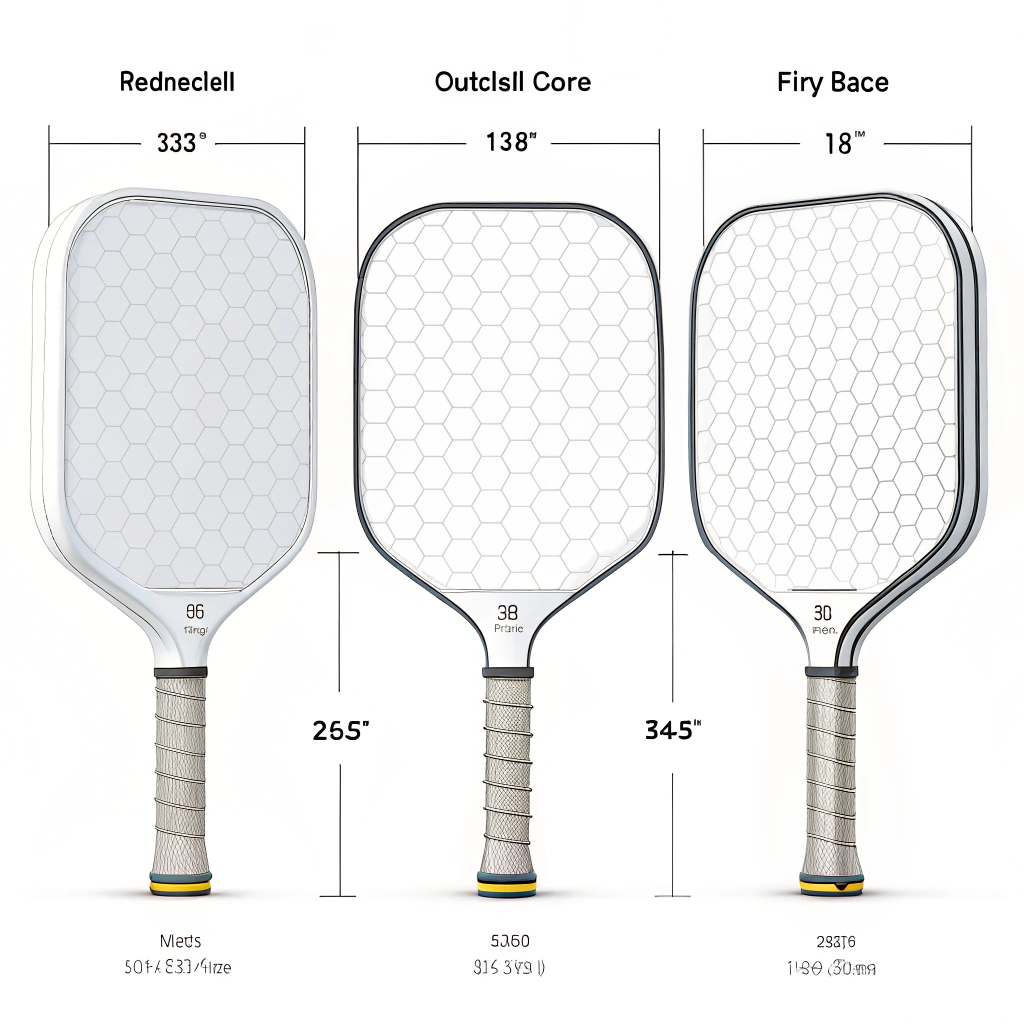 Three stylized pickleball handles with cross-section cores and simple lab testing icons