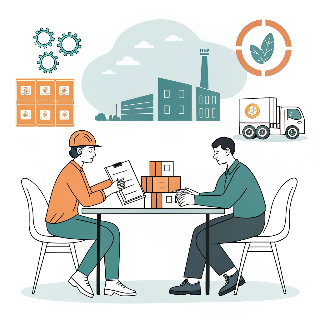 Minimalist scene of buyer and supplier discussing paddle samples, shipping, and QC.