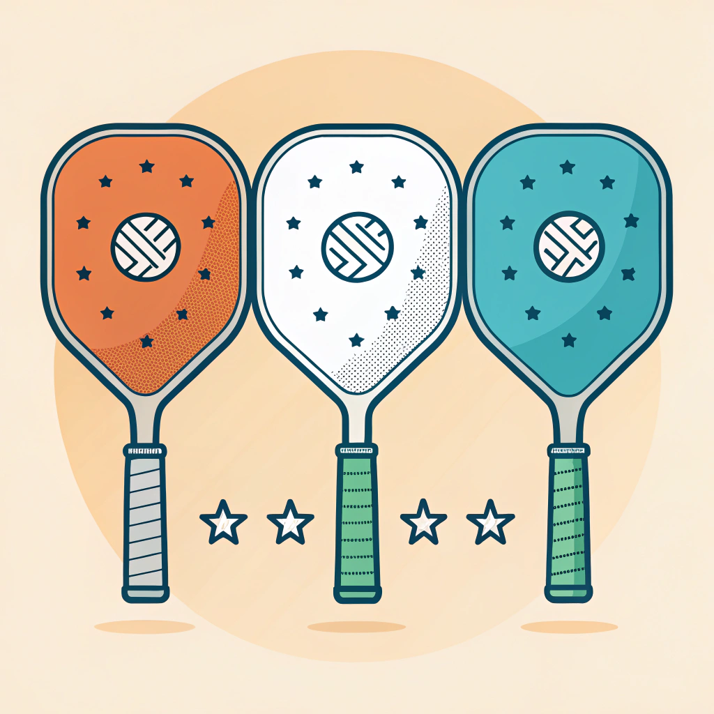 Minimal flat illustration of three pickleball paddle grips: rubber, PU, and overgrip comparison
