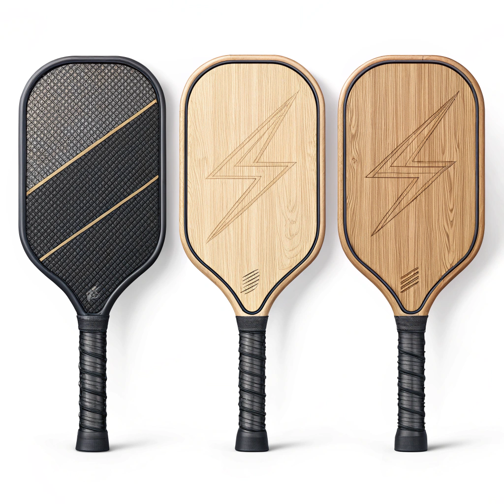 Three minimal paddles showing carbon, fiberglass, and composite textures